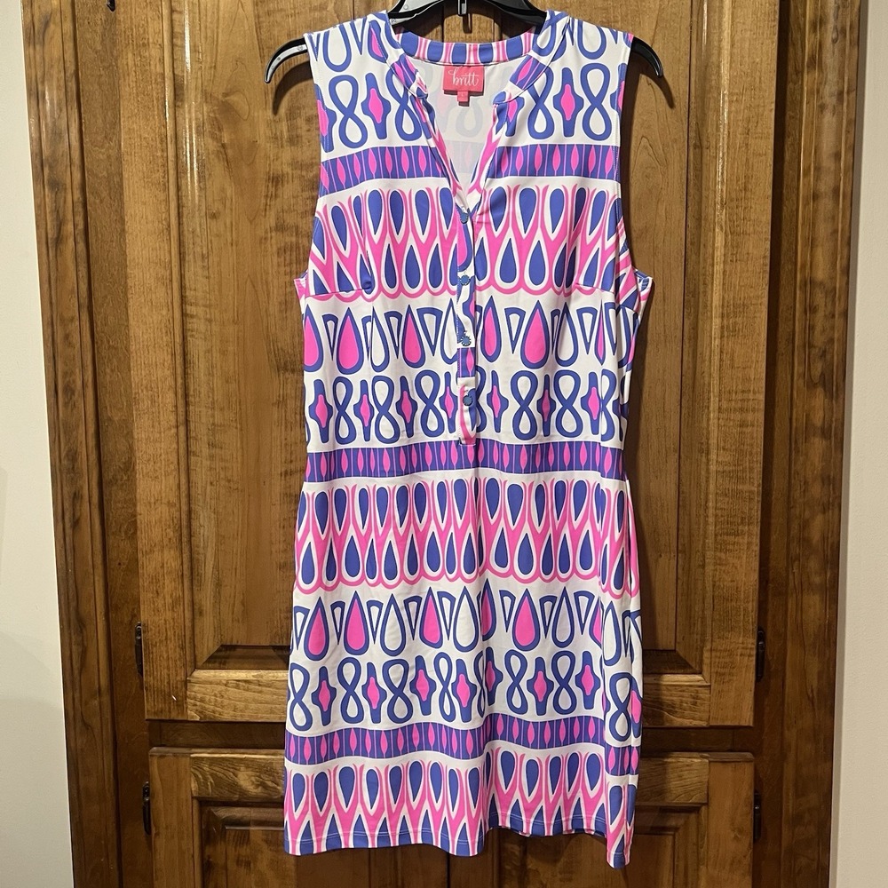 Britt By Britt Ryan Dress Sleeveless V Neck Stretch Sheath Blue Pink Large View 4